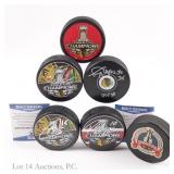 4 Signed Hockey Pucks + 2 Other Pucks
