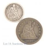 1876 & 1877 US Silver Liberty Seated 10c & 25c (2)