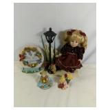 Home Decor Lot Includes Porcelain Doll Display,