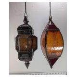Two 12" Hanging Coloured Glass Moroccan Style