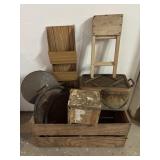 Vintage lot, including wooden crate that measures