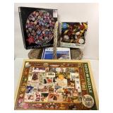 Assorted puzzles and basket