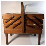 Vintage Accordion Style wooden sewing box with