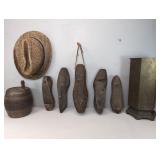 5 Vintage Wooden Shoe Casts, Brass Vase, Fedora