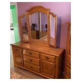 Stunning wood dresser and mirror- matches lot