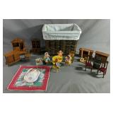 Vintage Wood Doll House Furniture With Dolls And