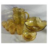 Vintage Amber Pitcher With Eight Small Glasses