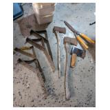 Bucket of Roofing Tools and Aged Axes and Axe