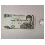 Bolivian Currency, 5 Bolivianos 1986 Banknote & 1