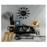 Kitchen Lot Includes Clock, Knife Set With Block,