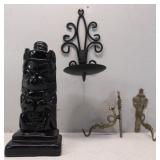 Ornate Brass Hooks, 9" Stone Statue Signed