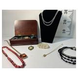 Costume jewelry in wooden box - 9in x 6.5in x