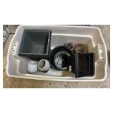 Large plastic storage tote with lid, containing a