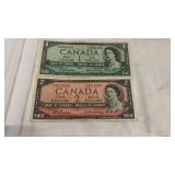Pair of vintage Canadian banknotes including a $1