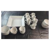 White Dishware Collection with Mugs, Bowls, and