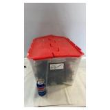 Clear plastic storage tote with red locking lid