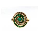 14kt Emerald and diamond ring in a swirl design