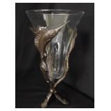 Glass flower vase on swordfish sculpture stand