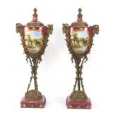 Pair French "Rouge" Porcelain & Bronze Urns