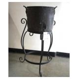 Wrought iron stand w antique copper pot