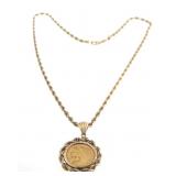 22 kt Indian head coin on 14kt chain rope necklace