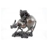 Japanese Wood Carved Silver Inlaid Water Buffalo