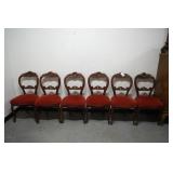 6 Balloon back highly carved chairs with red seats