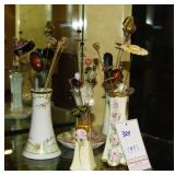 Antique porcelain hair pin holders w hair pins
