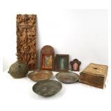 Group of carvings, box, panel, tin Mex Santos