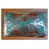 Silver inlaid Turquoise and red coral buckle