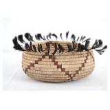 Antique Pomo basket w Quail feathers