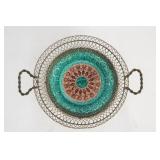 Majolica bowl w wire surround and handles