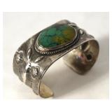 Old pawn silver cuff bracelet w green turquoise