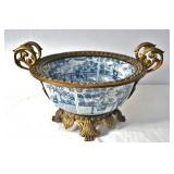 Chinese blue/white porcelain bowl w gilt brass