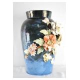 Blue ceramic vase w applied flowers