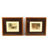 Cockfighting scene- lithos set of 4 framed