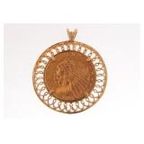 18kt Gold Pendant & 1915 $2.5 Indian Head coin