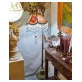 Antique wrought iron floor lamp beaded shade