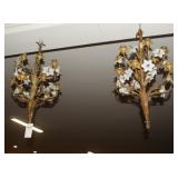 Pair bronze hanging candelabras w flowers