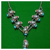 Navajo Squash Blossom turquoise and coral necklace