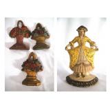 4 Antique Cast iron flower basket, lady door stops