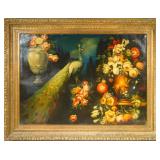 Peacock, Floral Still Life Oil  After Hondecoeter