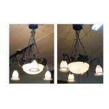 Pair Wrought iron hanging chandeliers w/ alabaster