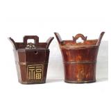 2 Antique Japanese wood carved and lidded buckets