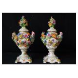 Dresden porcelain urns w lids - ornate pair