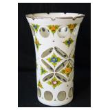 Bohemian glass vase w floral motif cut to clear