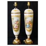 Pair French scenic porcelain portrait lamps