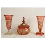 Bohemian glass covered dish and 2 vases