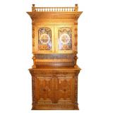 Antique European Oak sideboard stained glass doors