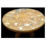 Antique round oak cocktail table with leather top